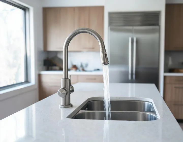 Delta kitchen faucet on quartz island with steady laminar stream