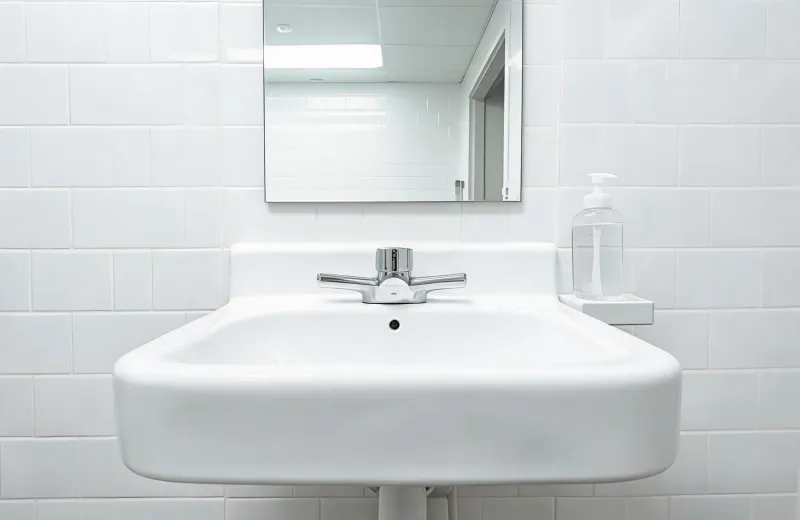 Healthcare clinic lavatory with ADA Delta faucet levers