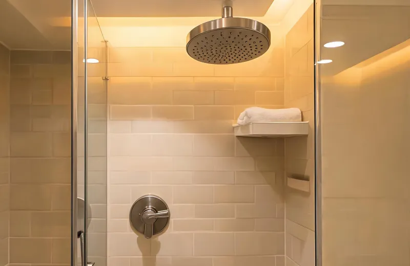 Hotel guest bathroom rain shower with Delta trim