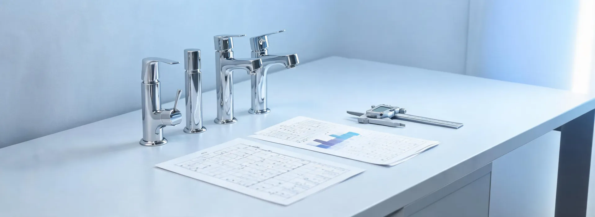 Specification sheets and Delta faucet samples on a drafting table